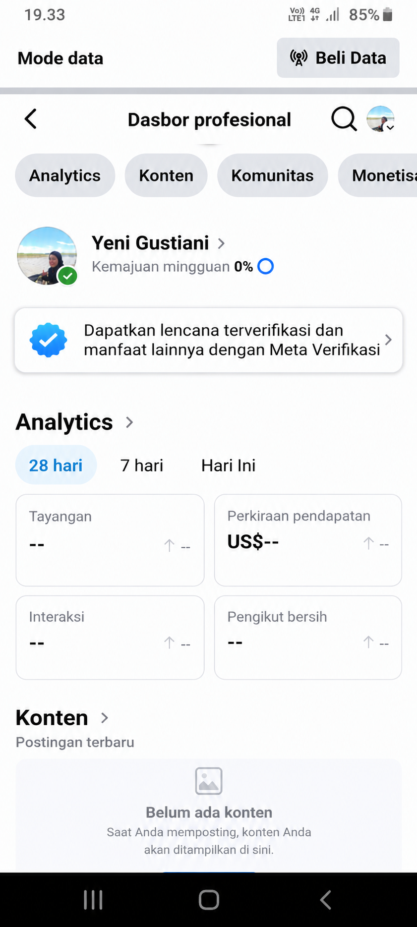Tampilan akun sebelum menggunakan Gudang Konten - Views sepi